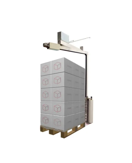 E3 Wrap 2100 semi-automatic pallet wrapping machine wrapping a loaded pallet.